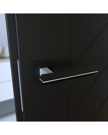 Poignée de porte bicolore chrome brossé/noire CARRERA poignée design montée sur une porte