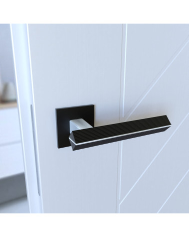 Poignée de porte bicolore chrome brossé/noire CARRERA poignée design montée sur une porte vue inclinée