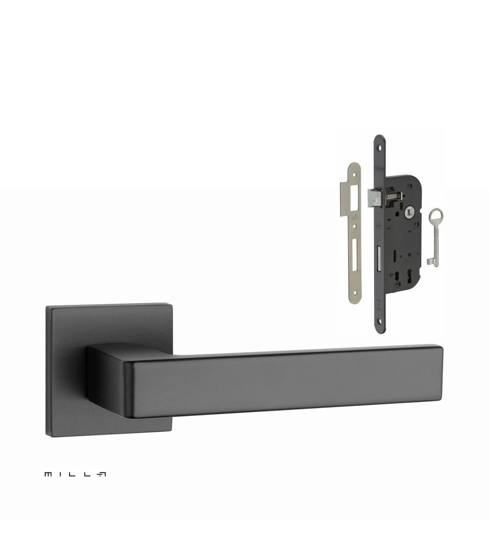 Set poignée de porte noire SULLA avec la serrure Clef de Chambre noire sur fond blanc