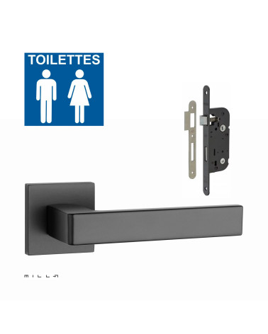 Set poignée de porte noire SULLA avec la serrure WC noire sur fond blanc