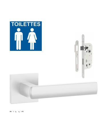 Set poignée de porte blanche HOSTA avec la serrure WC blanche sur fond blanc