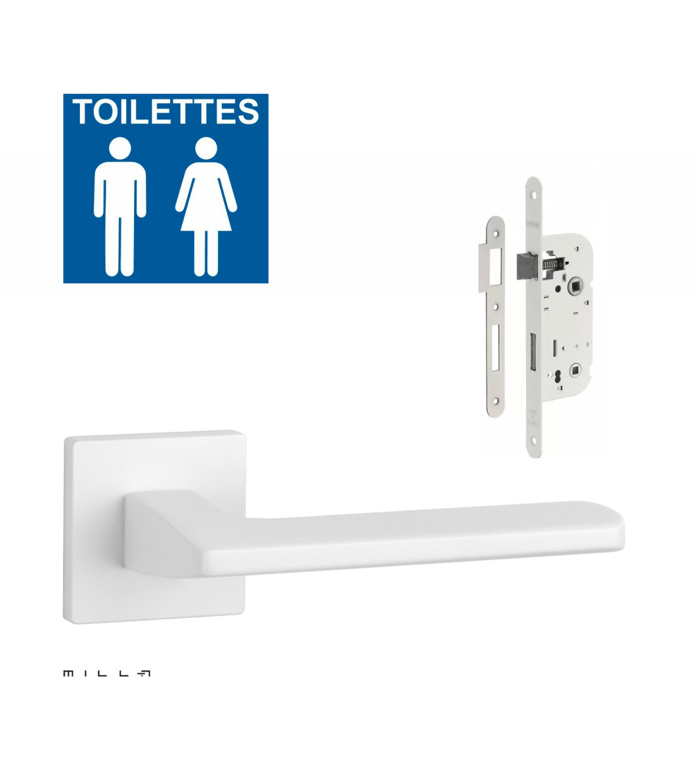 Set poignée de porte blanche PYROLA avec la serrure WC blanche sur fond blanc