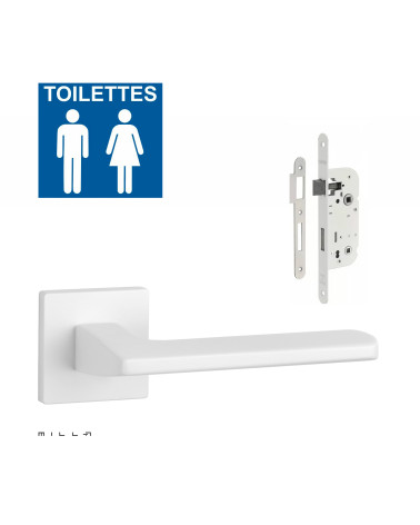 Set poignée de porte blanche PYROLA avec la serrure WC blanche sur fond blanc