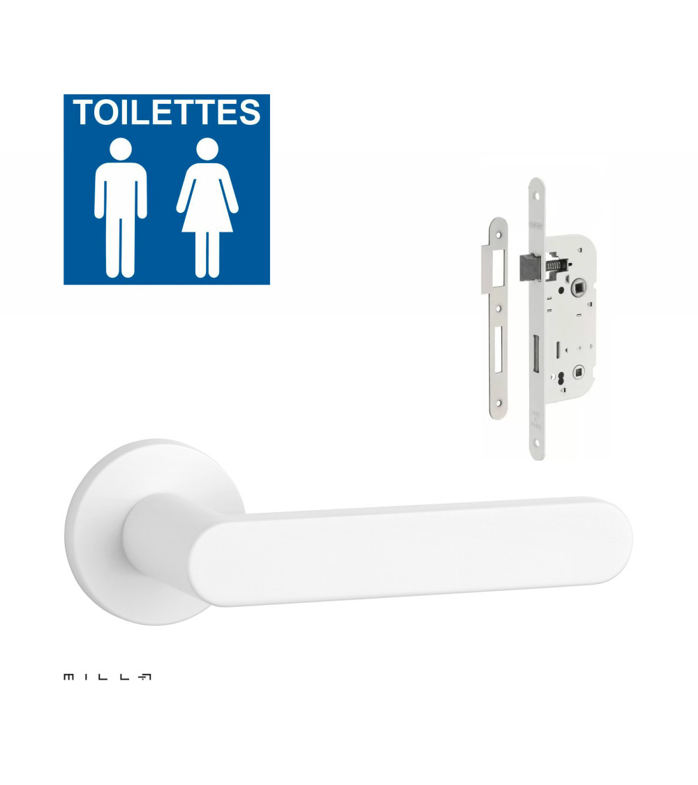 Set poignée de porte blanche ALORA avec la serrure WC blanche sur fond blanc