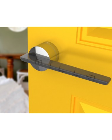 Poignée de porte en zamak JUMELLE poignée design vue inclinée montée sur une porte