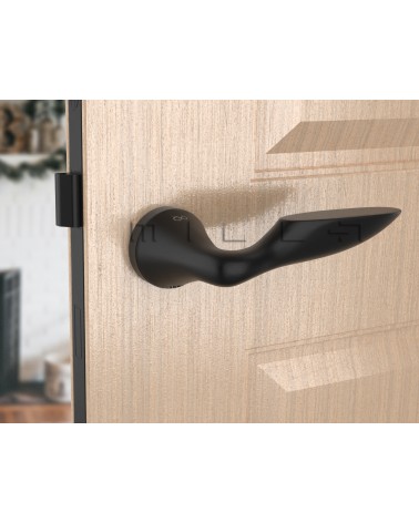 Poignée de porte zamak DOUCE poignée design vue inclinée montée sur une porte