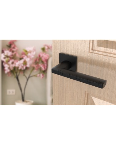 Poignée de porte PYROLA quincaillerie design couleur 5 vue inclinée montée sur une porte