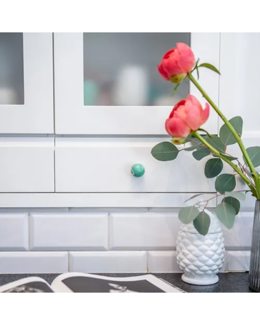 Bouton de meuble en bois de hêtre vert riche poignée design monté sur un meuble avec des roses dessus