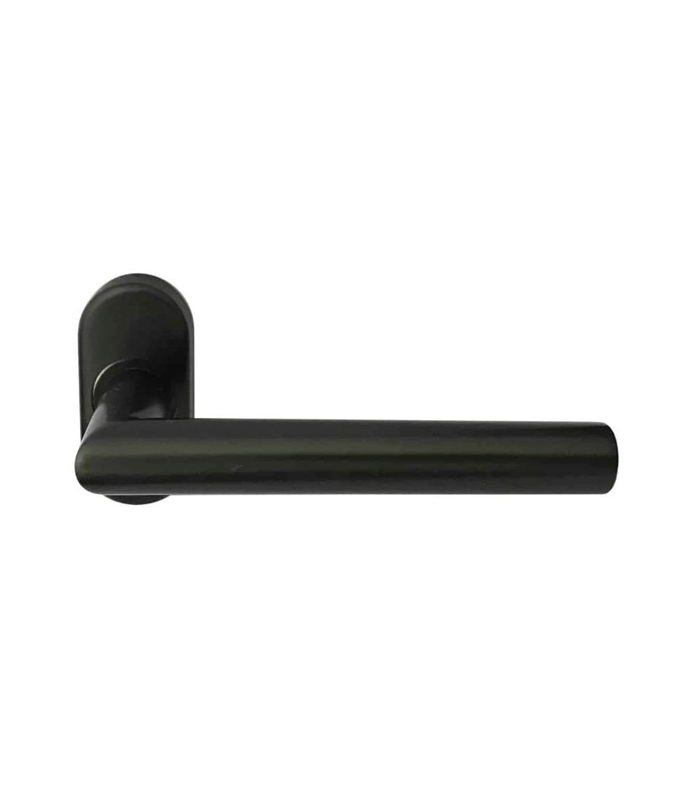 poignée de porte noire sur une rosace ovale pour un profil etroit sur un fond blanc
