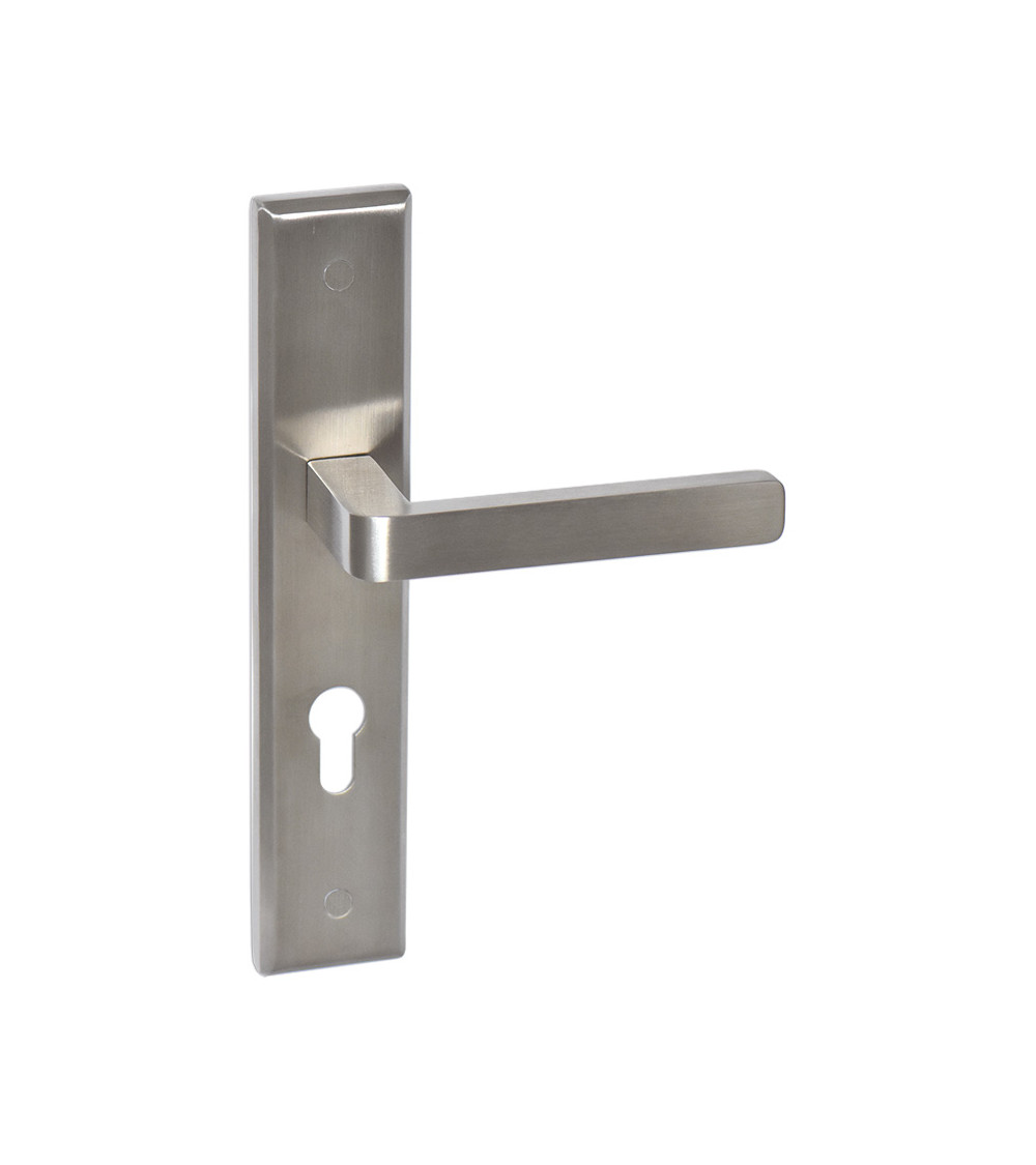 Poignée de porte en inox sur plaque longue model Soho Prestige avec trou cylindre - millapoignees
