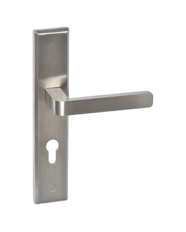 Poignée de porte en inox sur plaque longue model Soho Prestige avec trou cylindre - millapoignees