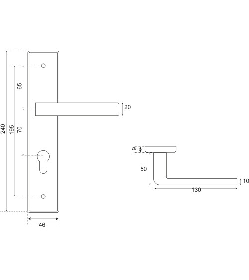 Poignée de porte en inox sur plaque longue model Soho Prestige avec trou cylindre - millapoignees