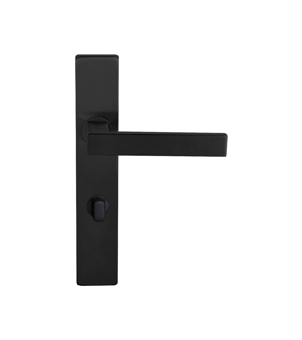 Poignée de porte noire sur plaque rectangulaire à fixations invisibles, entraxe 70 - modèle Majestea