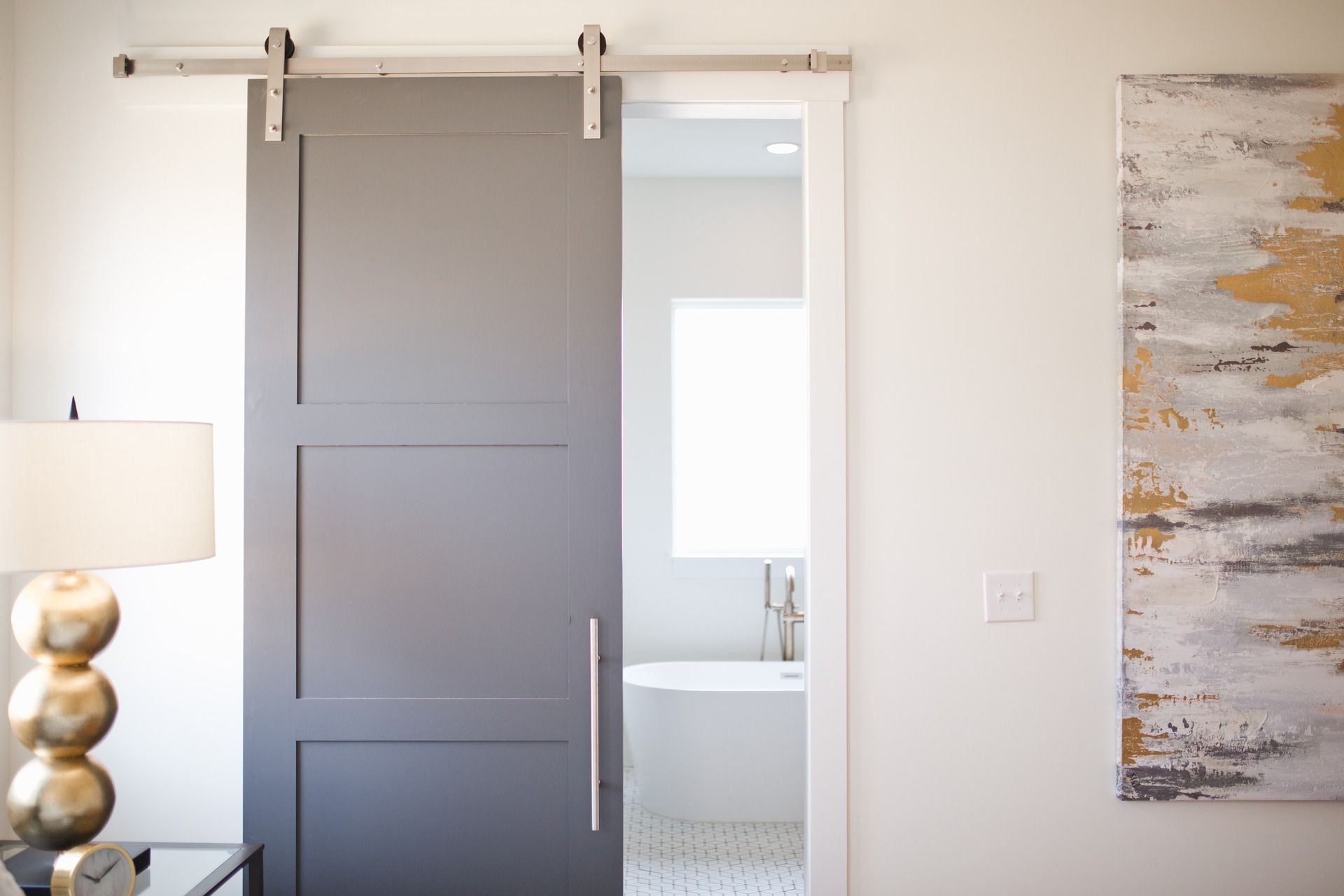 Grey sliding door with interior handle