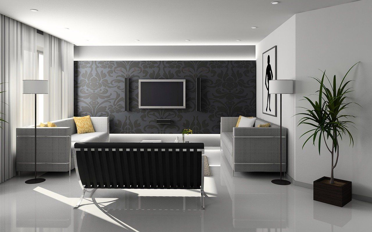 Living room with a dark grey theme, a polished chrome finish handle would be perfect