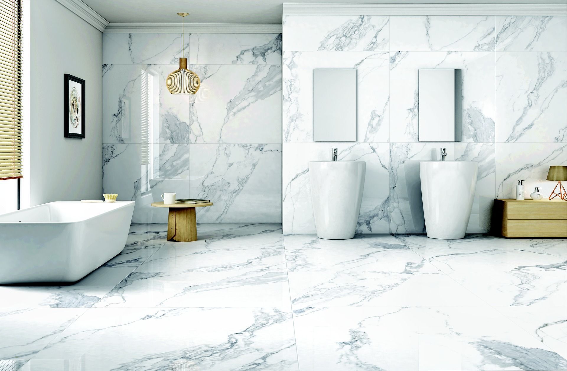 Salle de bain avec des pointes de couleur or idéale pour une poignée de porte doré