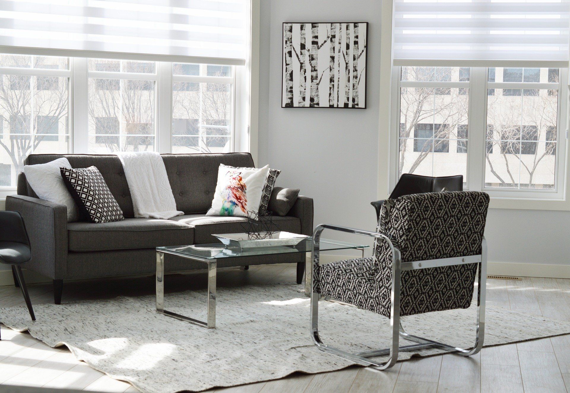 Lounge with a cool theme featuring polished chrome handles