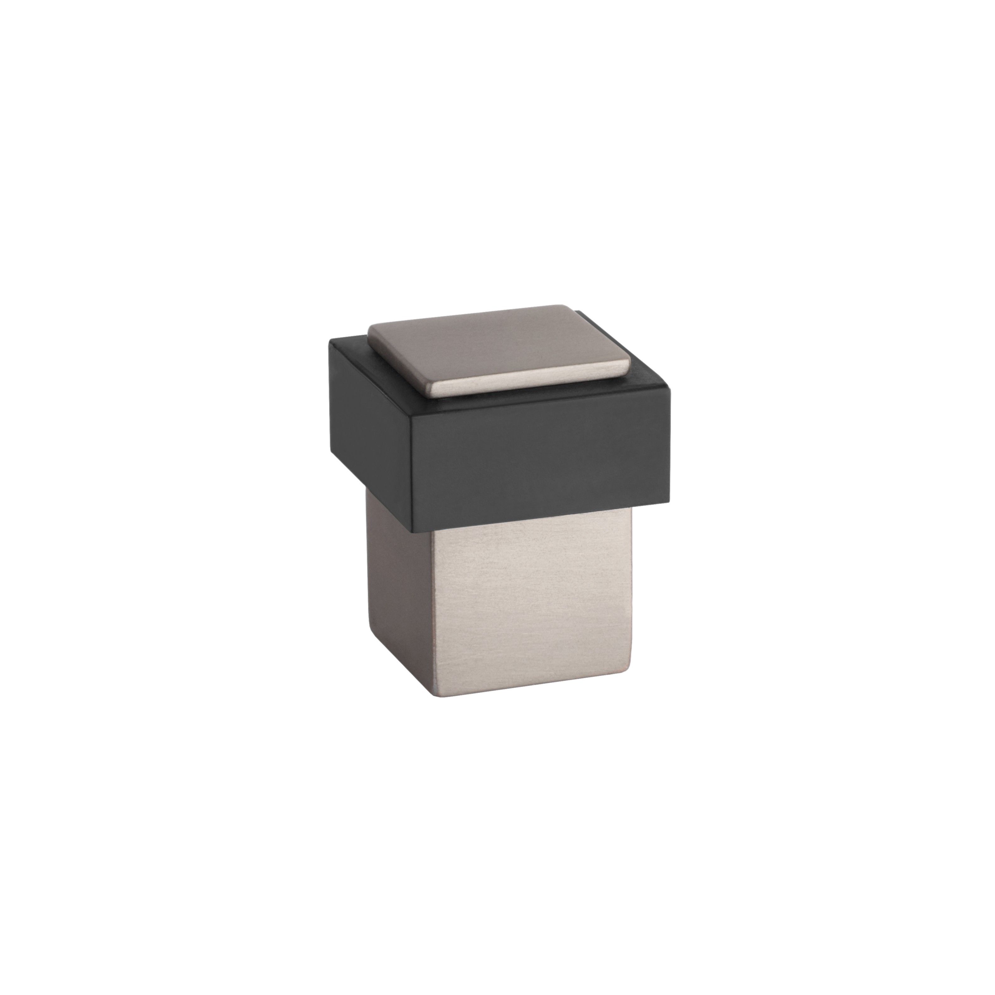 square door stop with a rubber bumper to protect doors, in a nickel finish