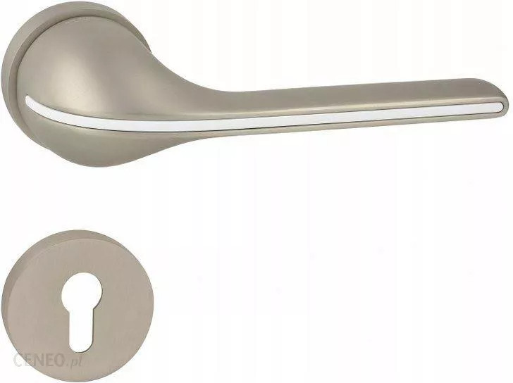 Design and original door handle on a hidden plate in satin nickel with its privacy rosette