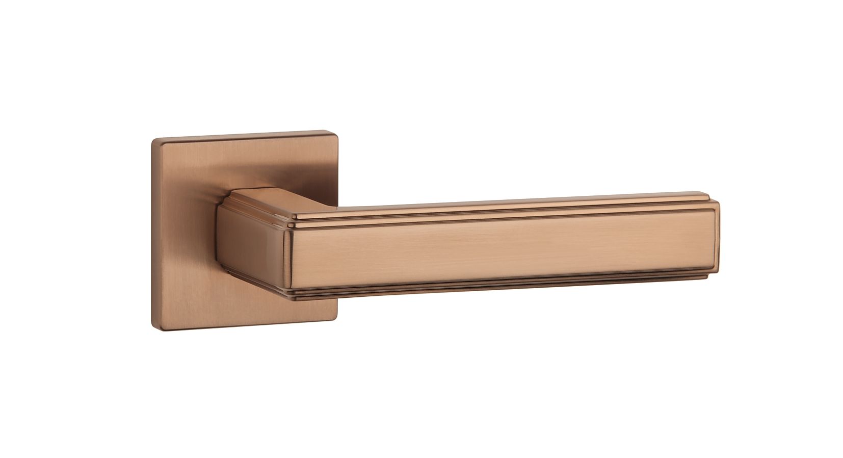 interior handle on a square plate with geometric lines in a copper finish