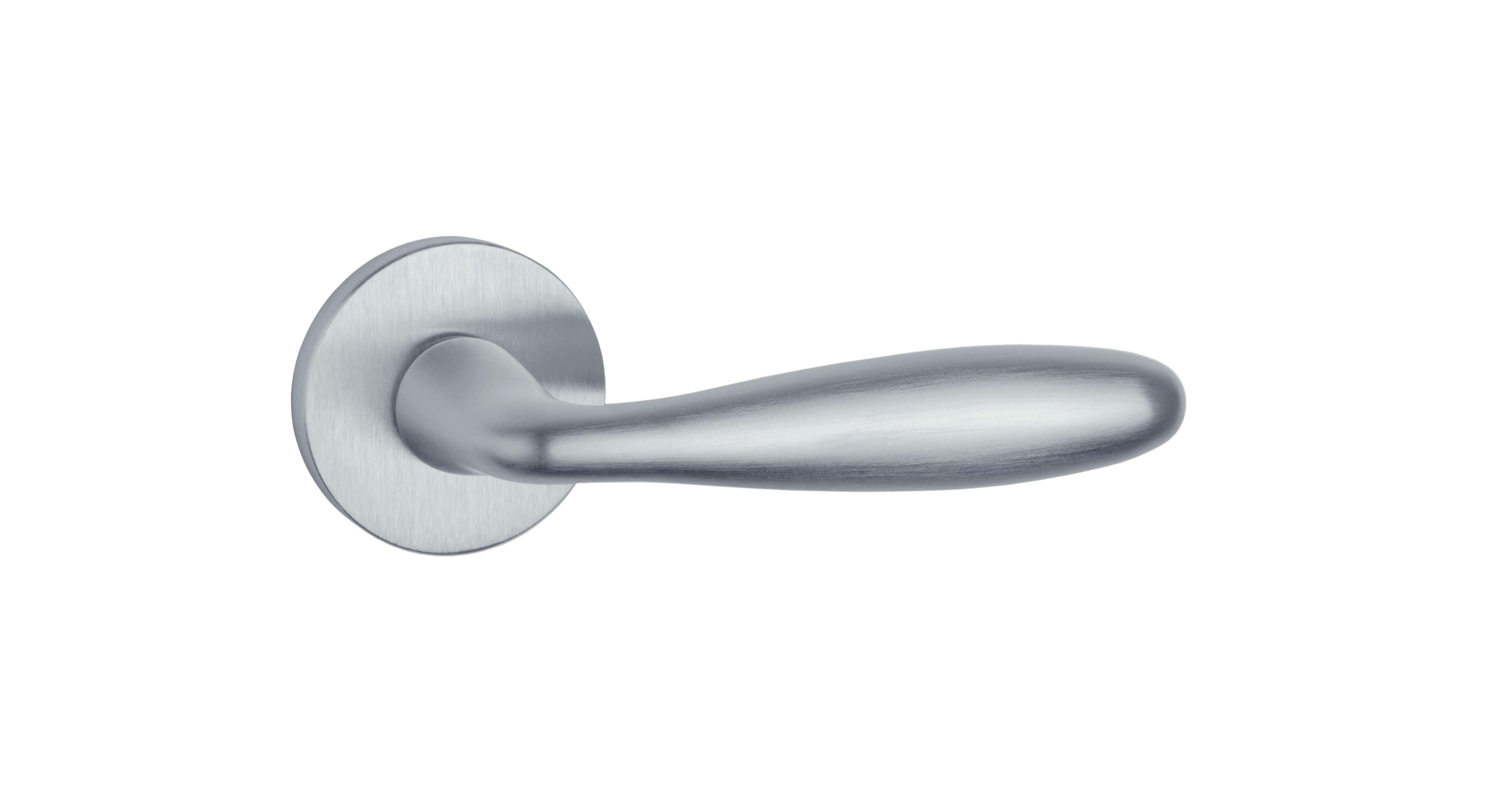 Poignée de porte sur plaque ronde en finition chrome satiné