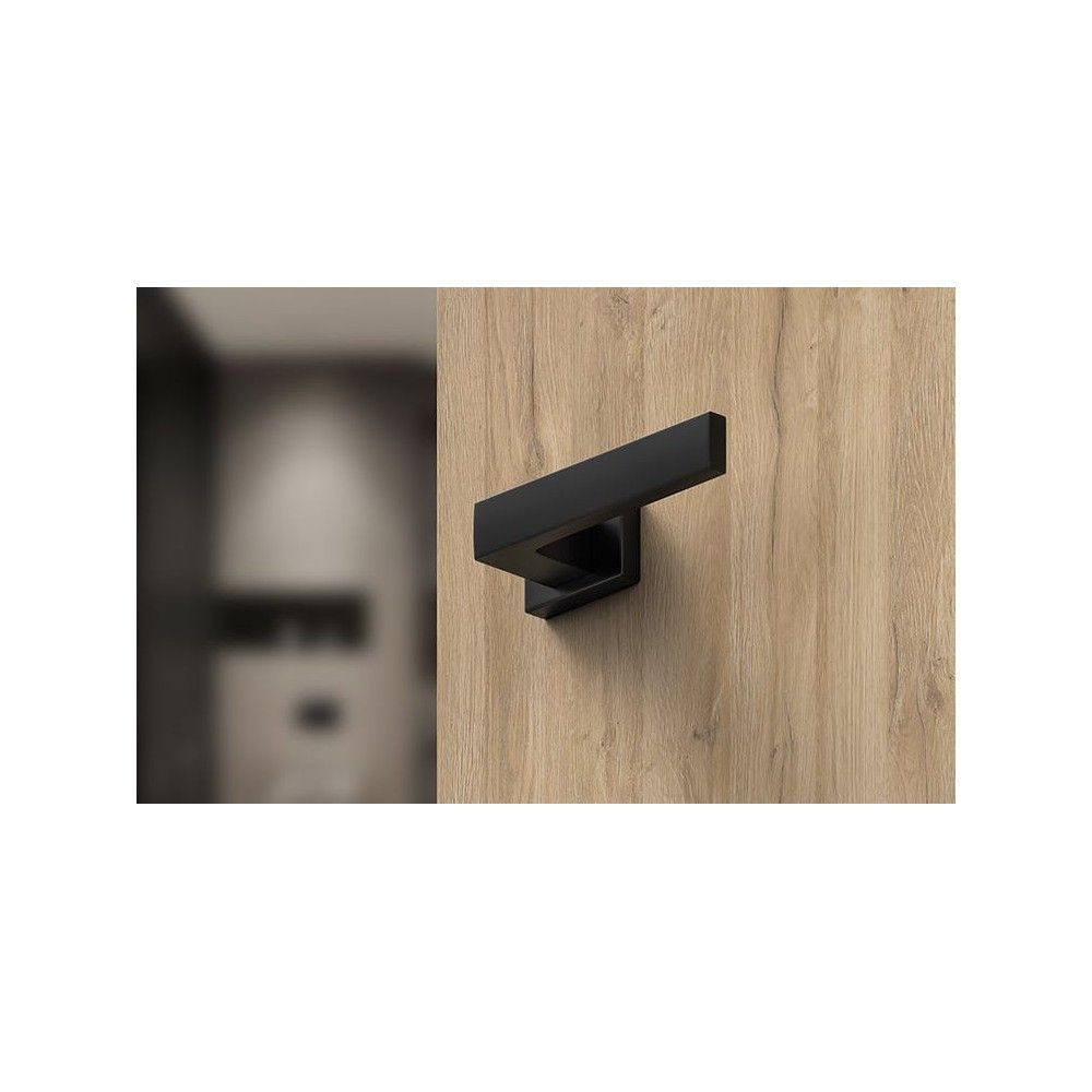 Black handles on a light wood species highlighted on this light wood-effect door