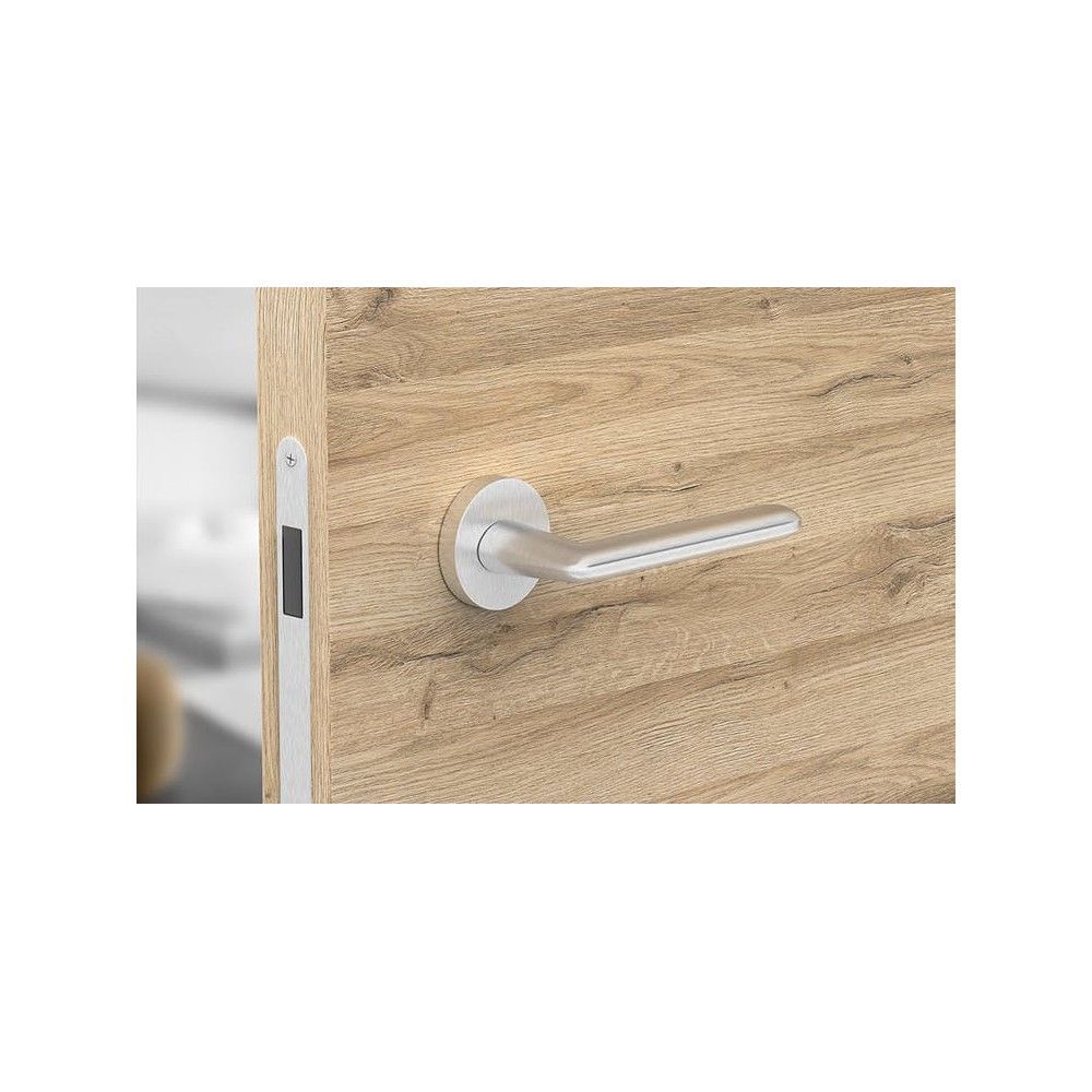 Modern handle with a retro style on a round plate fitted on a light wood door