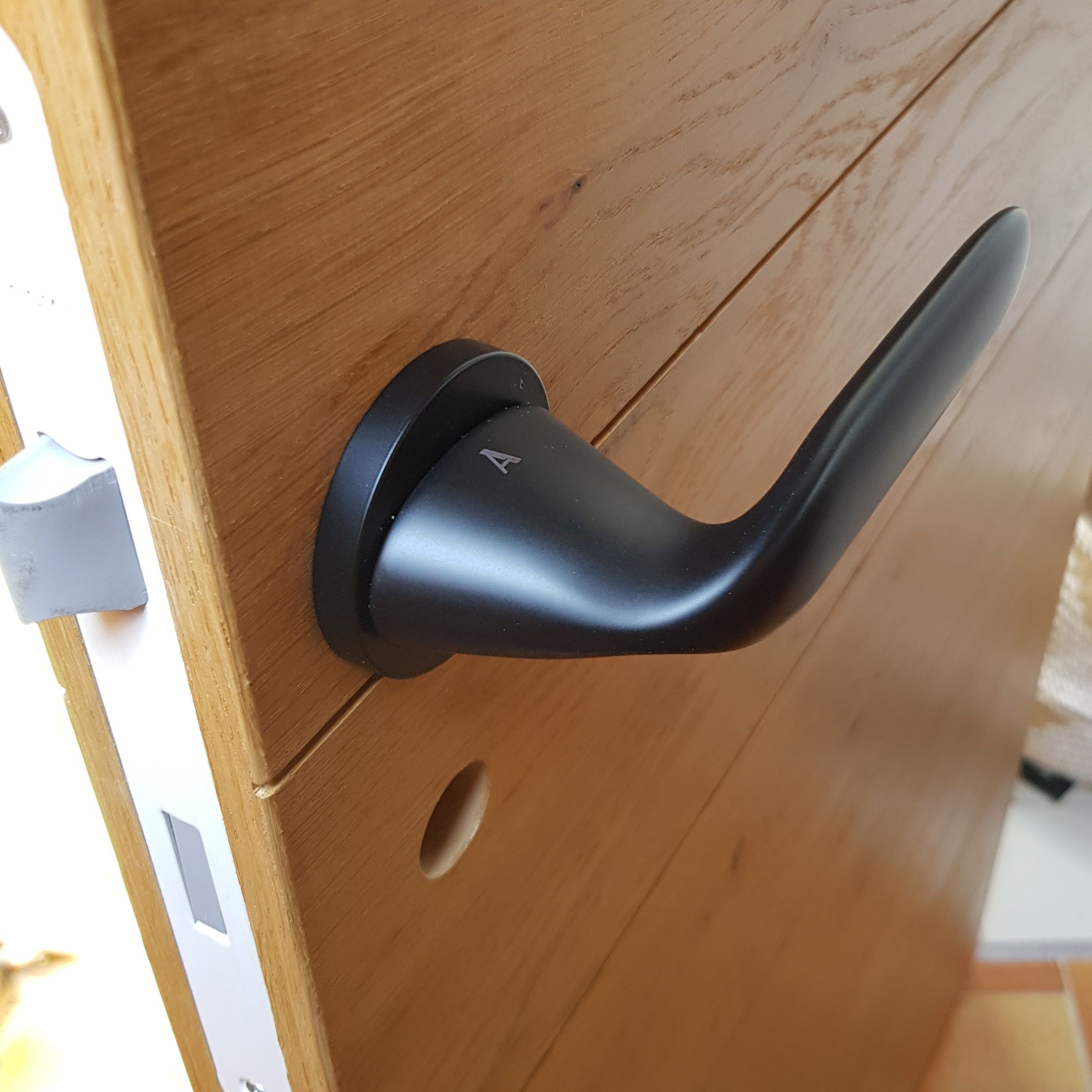 Modern black door handle fitted on a wood-effect finish door