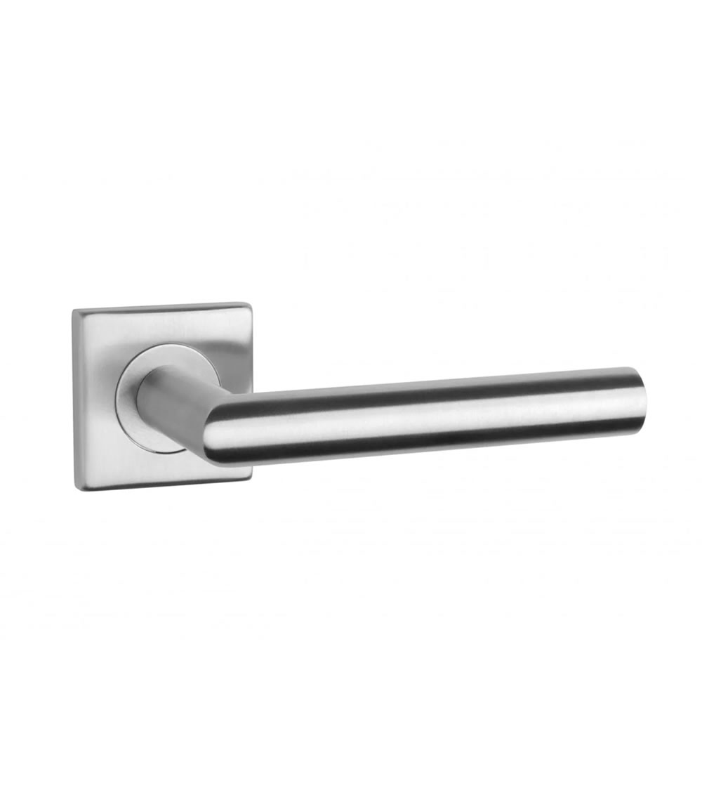 door handle with an industrial look and a silver chrome finish