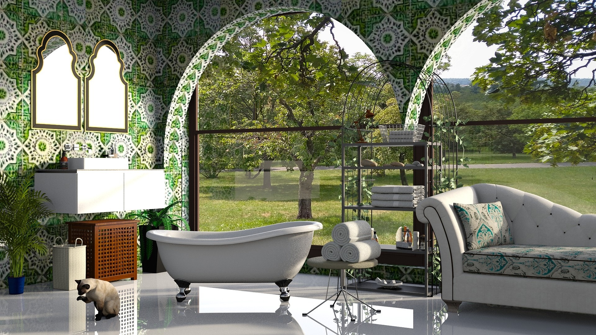 bathroom with green and botanical decoration